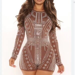Fashion Nova Brown Long Sleeve Embellished Romper